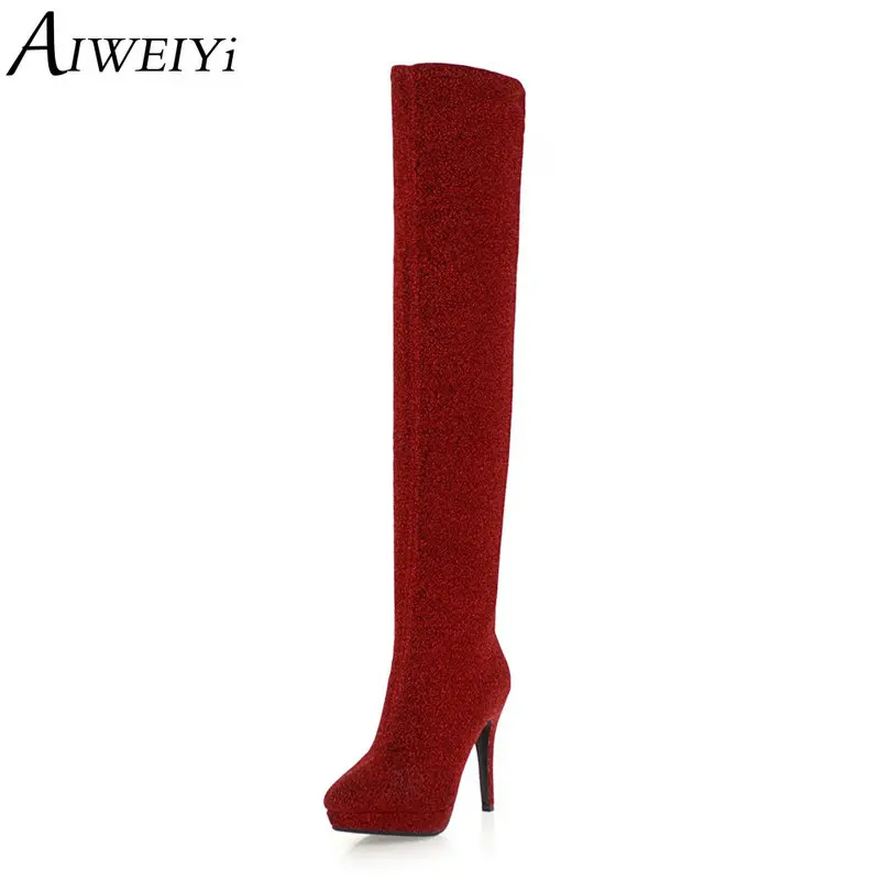

AIWEIYi Stretch Fabric Over the Knee Boots for Women Pointed toe Thin Heel High Heels Winter Boots Stiletto Heels