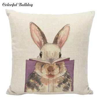 

Cute Rabbit Reading Book Pillow Cover Happy Easter Cushion Covers Animal Birds Ballon Design Home Decorative Throw Pillows Case