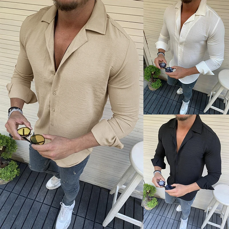 Mens Shirt Fashion Lapel Long Sleeve Solid Shirts Man Slim Fit Elegant Tops Streetwear Tunic Blouse Shirts Men's Clothes 3XL