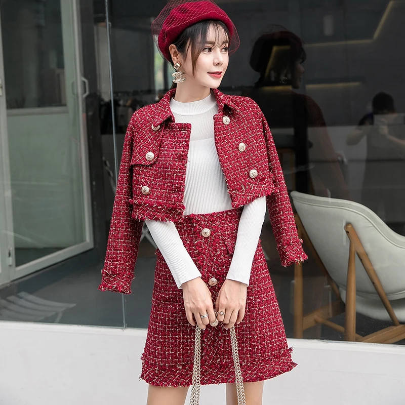 

HAMALIEL Two Piece Set Women Winter Red Plaid Woollen Tweed Tassel Short Double Breasted Coat +Fashion Fringe Pencil Skirt Suits