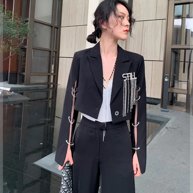 

[EWQ]2019 Short Suit Jacket Female Rhinestone Tassel Brooch Hollow Long Sleeve Thin Coat Casual Trousers High Quality Suit QJ669