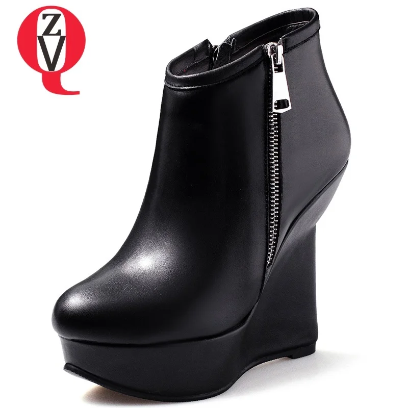 

ZVQ women shoes 2018 winter new fashion super high wedges platform zip genuine leather round toe outside warm black ankle boots