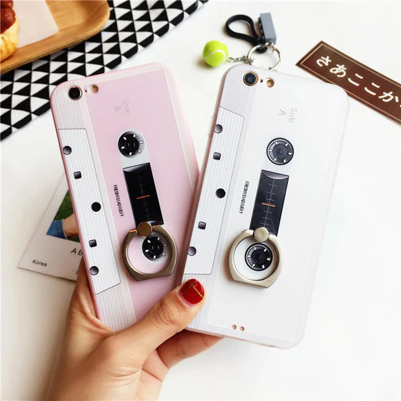

3D Relief funny audio tape pattern ring holder case for iphone 6s/ 6s plus/6/6 plus/ 7/7 plus girl pink coque cover stand