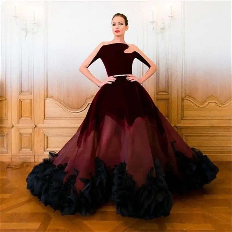 

Burgundy Velvet Celebrity Dresses Full Sleeve Red Carpet Gowns Custom Made Luxury Evening Prom Dress New Arrival Cannes Film