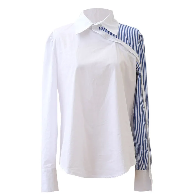 LANMREM Fashion Spliced Stripe Turn-down Collar Full Sleeve Blouse Personality Asymmetrical summer Women Shirt Clothes BC845