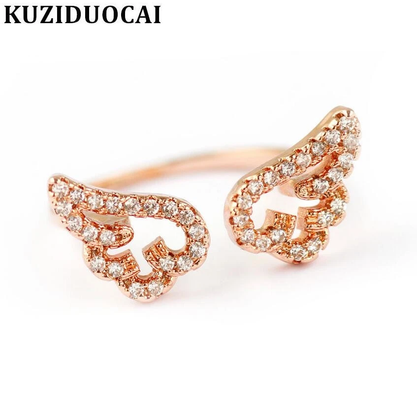 

Kuziduocai New ! Fashion Fine Luxurious Jewelry Copper Hollow Full Zircon Angel Wings Wedding Bride Rings For Women Gifts R-541