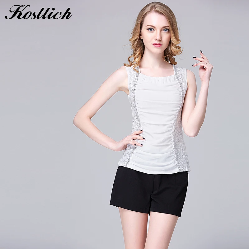 

Kostlich Summer women's tops sleeveless pleated beaded vest top mesh chiffon French fashion female tops casual office