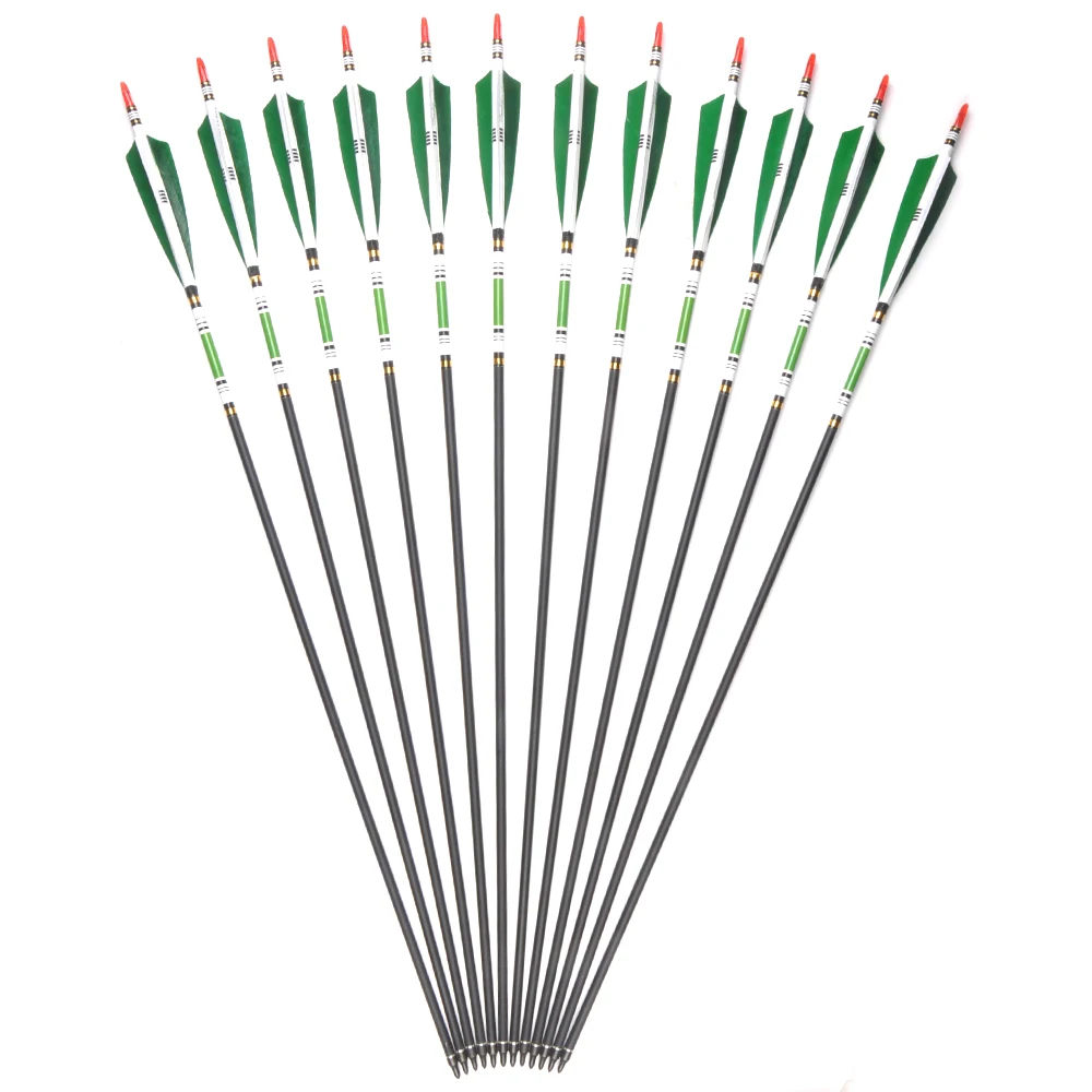 

2 Green and 1 White Turkey Feather With 6/12/24pcs 80cm Spine 500 Carbon Arrows OD7.6mm ID6.2mm for Hunting Shooting