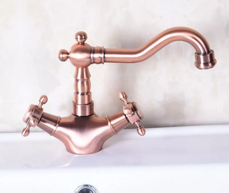 Vintage Red Copper Antique Brass Dual Cross Handles Swivel Spout Bathroom Basin Kitchen Sink Faucet Cold & Hot Mixer Tap anf256