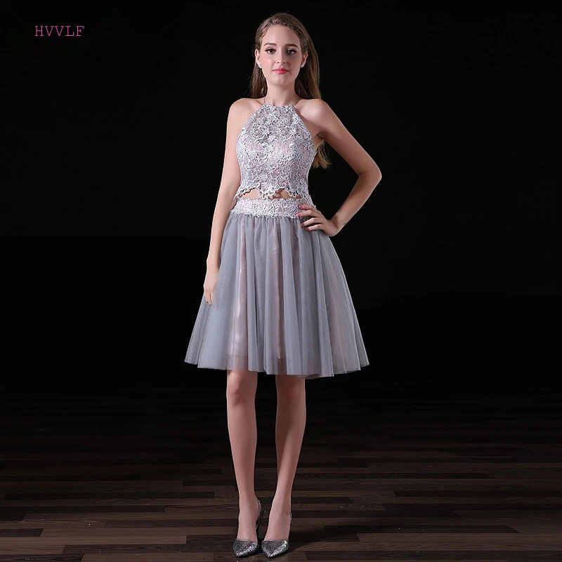 Silver Homecoming Dresses A-line Haler Short Mini Tulle Lace Open Back Elegant Cocktail | Свадьбы и торжества