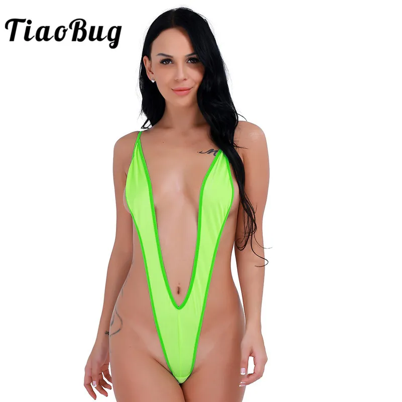 

TiaoBug Women Bright Solid Color One-piece Bikini Thong G-string Monokini Female Sexy Swimsuit Underwear Bodysuit Beach Swimwear