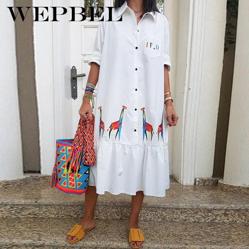 WEPBEL/женское летнее платье с отложным воротником и принтом жирафа; модное свободное платье до середины голени на пуговицах с коротким рукавом