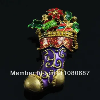 

10pcs New Arrival Pewter Enamelled exposy brooch XMS shoes filled with presents Christmas brooch