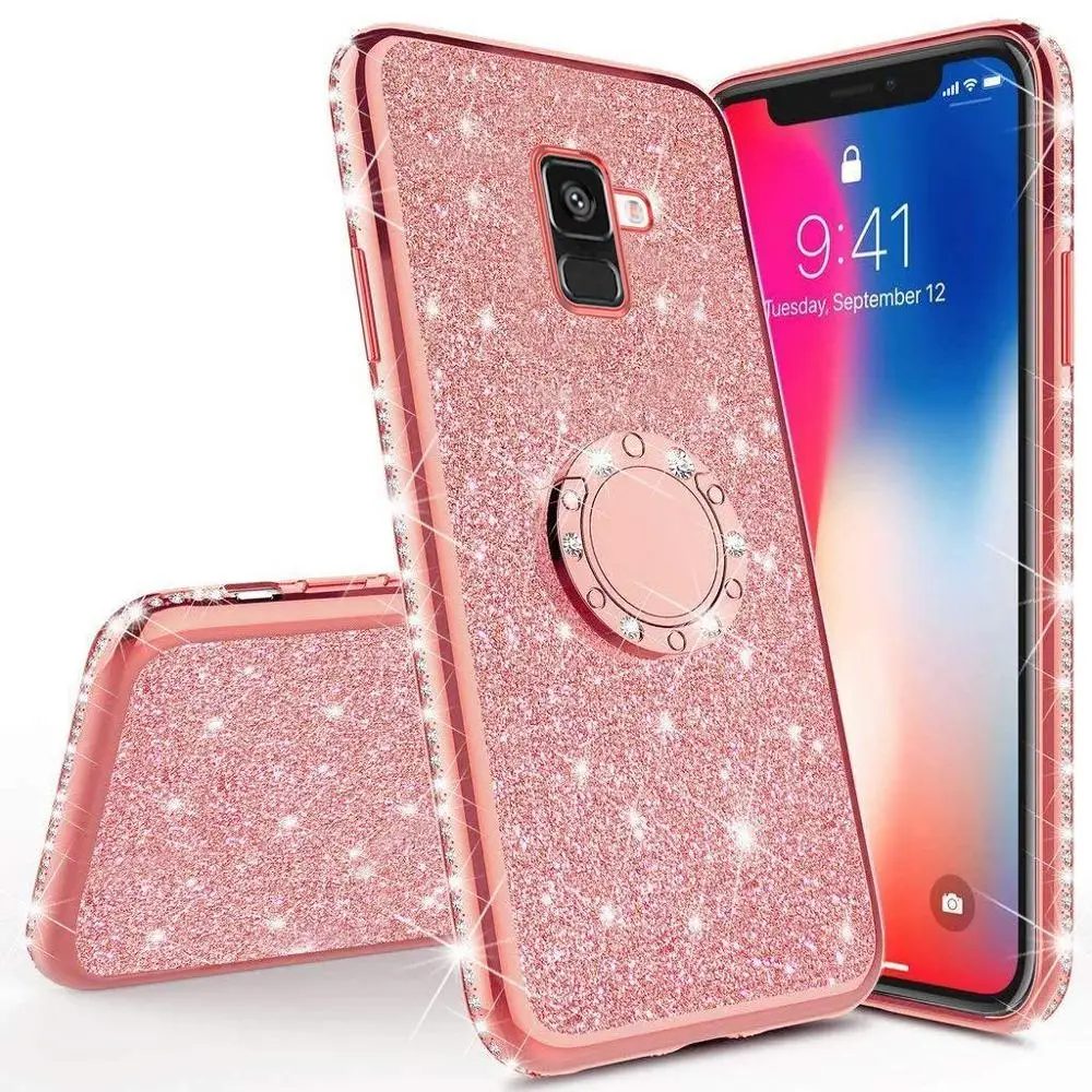 Алмазный чехол для Samsung Galaxy A8 2018 Plus A6 блестящее кольцо чехол-бампер с подставкой |