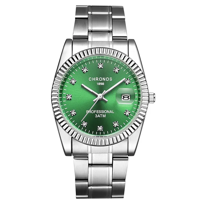 CHRONOS Man Waterproof Quart Watch with Date Analog Business Watch Male Stainless Steel Rhinestone Watch Green Blue Dial CHRONOS Man Waterproof Quart Watch with Date Analog Business Watch Male Stainless Steel Rhinestone Watch Green Blue Dial