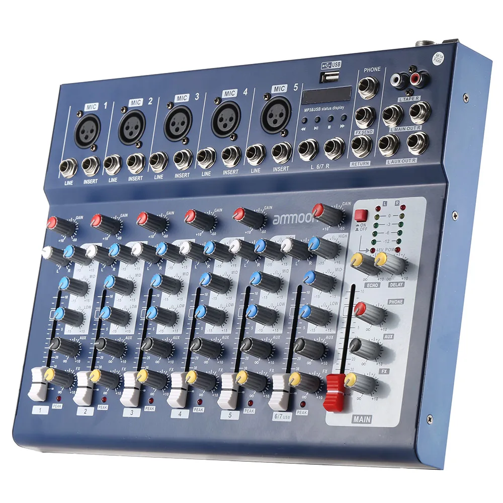 

ammoon F7-USB 7-Channel Digtal Mic Line Audio Sound Mixer Mixing Console with USB Input 48V Phantom Power 3 Bands Equalizer