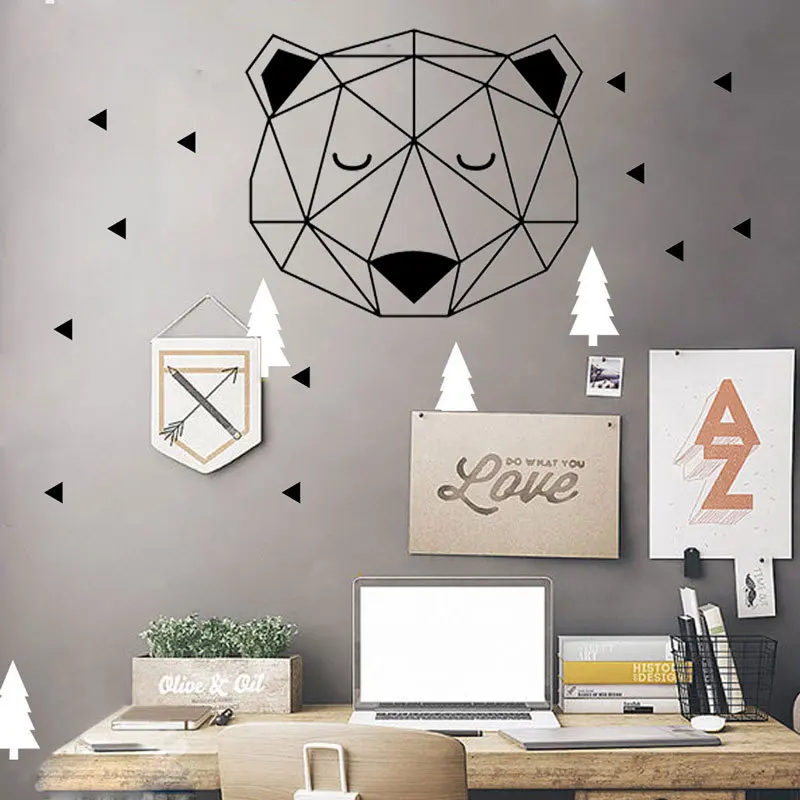 

Nordic Style Woodland Bear Head With Triangle Wall Stickers Home Decoration Geometric Vinyl Wall Decal for Kids Rooms Mural A901
