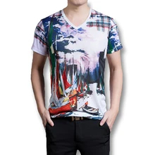 2016 Camisa Masculina T Shirts Men’s Casual Fashion Slim Fit Large Size Short Sleeved V Neck Summer 3D Printing Floral T Shirts