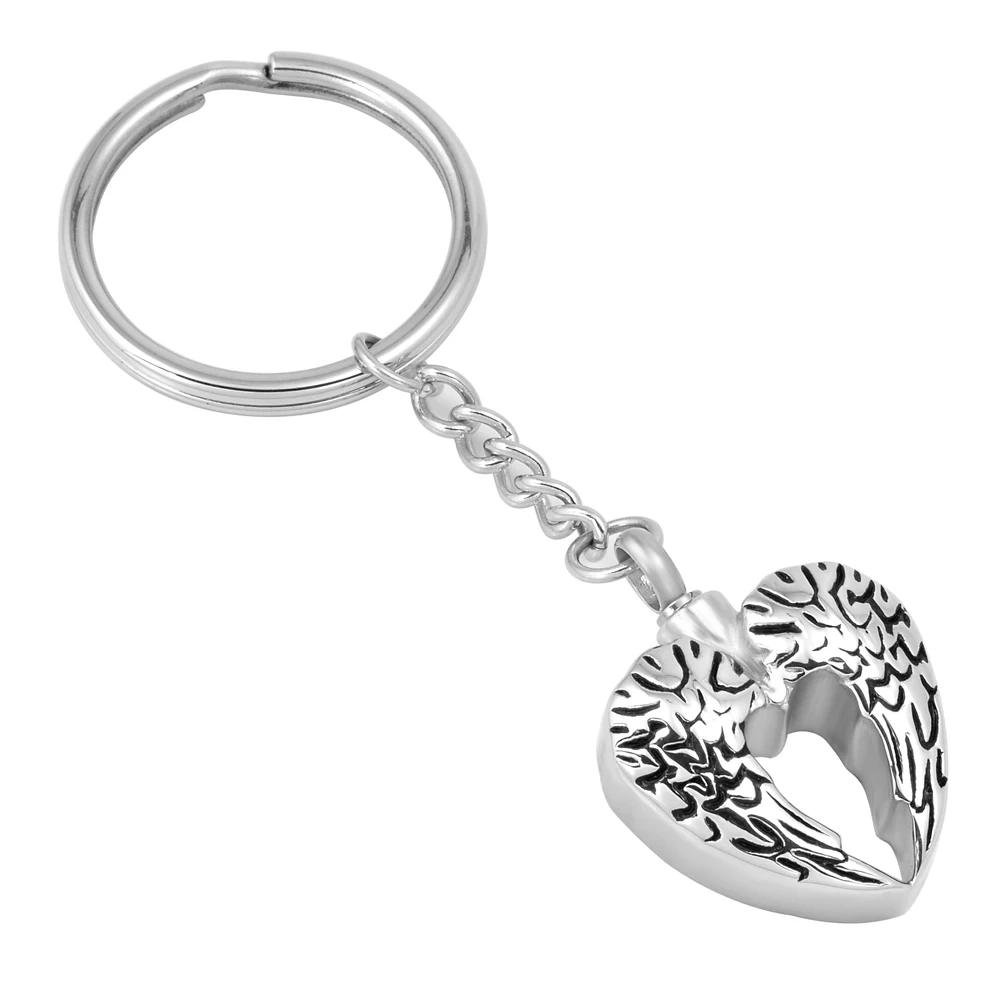 

IJK2034 Feather design wing shaped heart cremation keychain for ashes keepsake stainless steel link chain keyring for men women