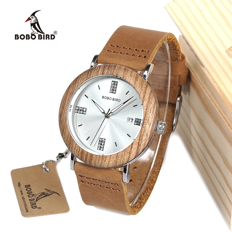 BOBO BIRD Imitation diamond Quartz Watches Stainless Steel Watch with Leather Strap for Men Women in Gift Box custom logo