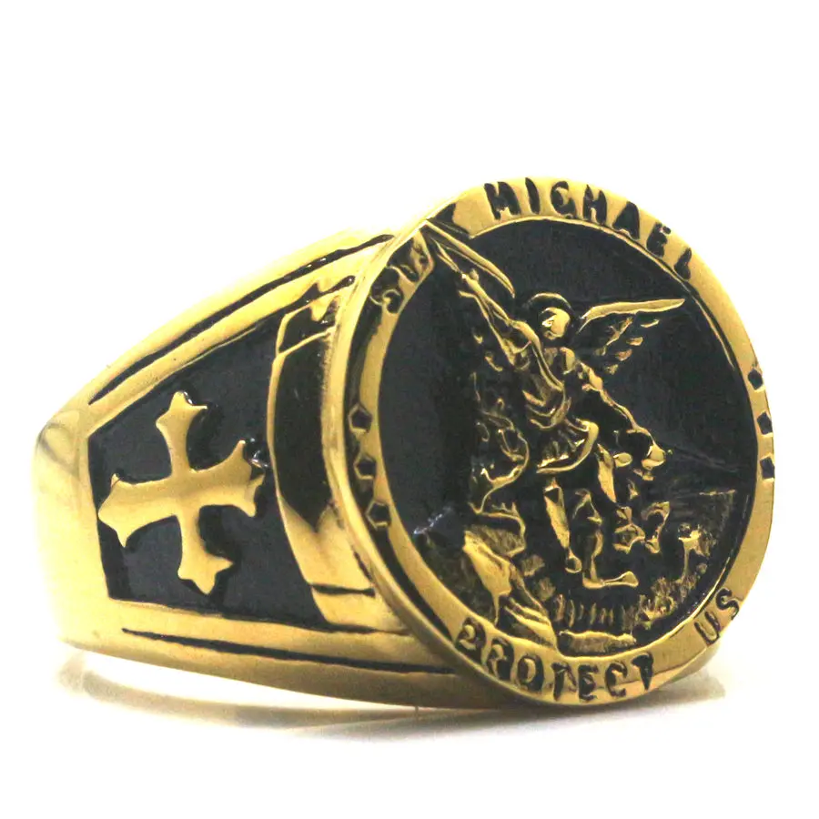 Святой Михаил защитить нас крест 316L нержавеющая сталь Прохладный золотистое круглое кольцо Новые