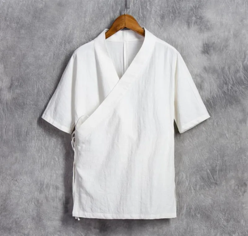 Большие размеры M-6XL однотонные Топы новые хлопковые льняные мужские кимоно с короткими рукавами льняные Hanfu с галстуком одежда белый/черный