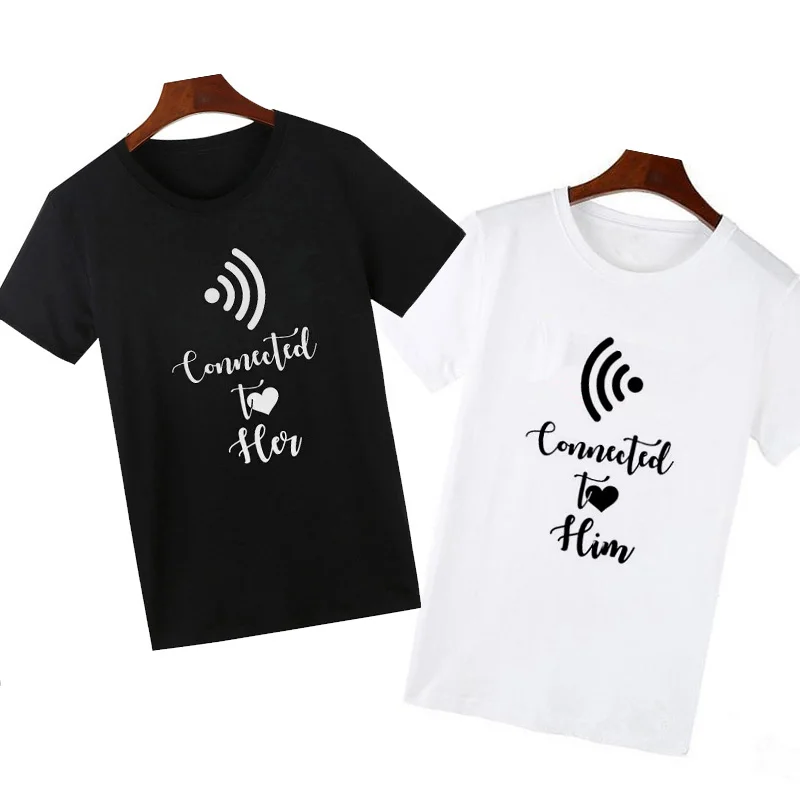 Pkorli Couple T Shirt Connected To Her Him T-Shirt Casual Hipster Short Sleeve Women'S T-Shirt Streetwear Tee Shirtt For Lovers