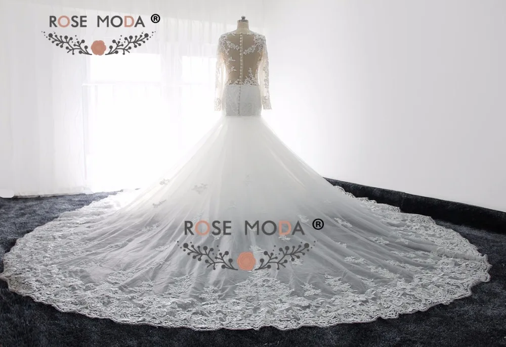 Роза Moda Великолепная одежда с длинным рукавом Кружево Русалка свадебное платье с Съемный Royal Поезд Иллюзия Назад реальные фотографии