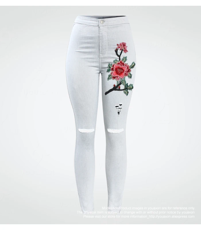 2112 Youaxon, высокая талия, рваные джинсы с цветочной вышивкой, женские эластичные джинсовые штаны, брюки для женщин, обтягивающие джинсы