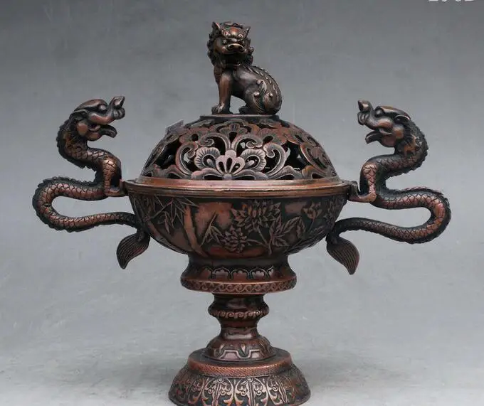 

10" Chinese Palace Pure Bronze Dragon Lion Foo Dog Statue Incense burner Censer