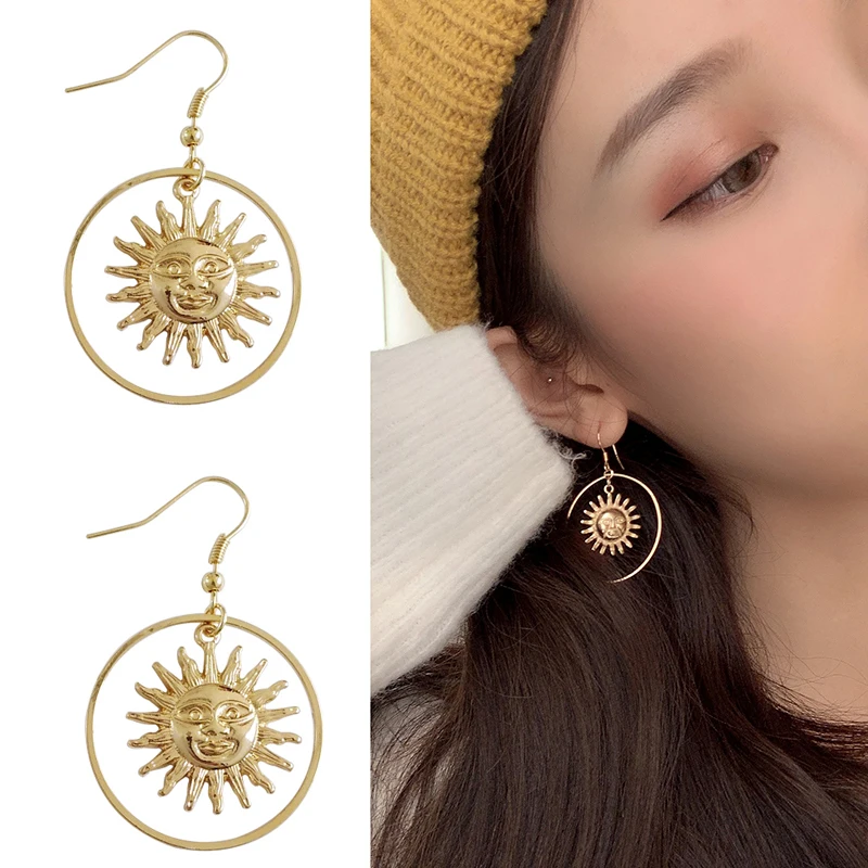 

Fashion Handmade Gold Sun Light bulb Drop Earrings Geometric Loop Sun Face Dangle Earrings for Women