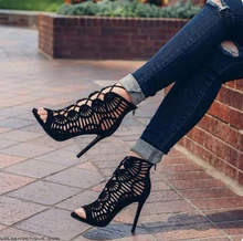 Women Pumps Brand Designer High Heels Cut Outs Lace Up Open Toe Party Shoes Woman Gladiator Sandals Women Sexy Ladies Black