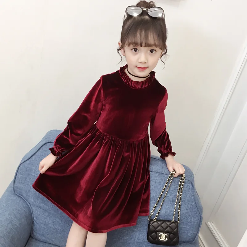 

Girls dress 2019 spring and autumn new fashion solid color gold velvet dress long-sleeved children's clothing