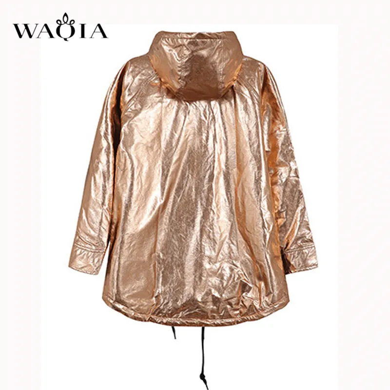 WAQIA Punk Metallic Color Hooded Basic Jacket Coat Women Lace Up Pocket Biker Jacket Outwear Autumn Casual Zipper Bomber Jacket