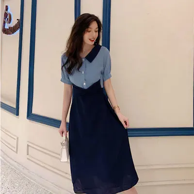 Французское платье с короткими рукавами в стиле ретро, Весенняя женская одежда, приталенное контрастное платье средней длины с кукольным воротником - Цвет: blue