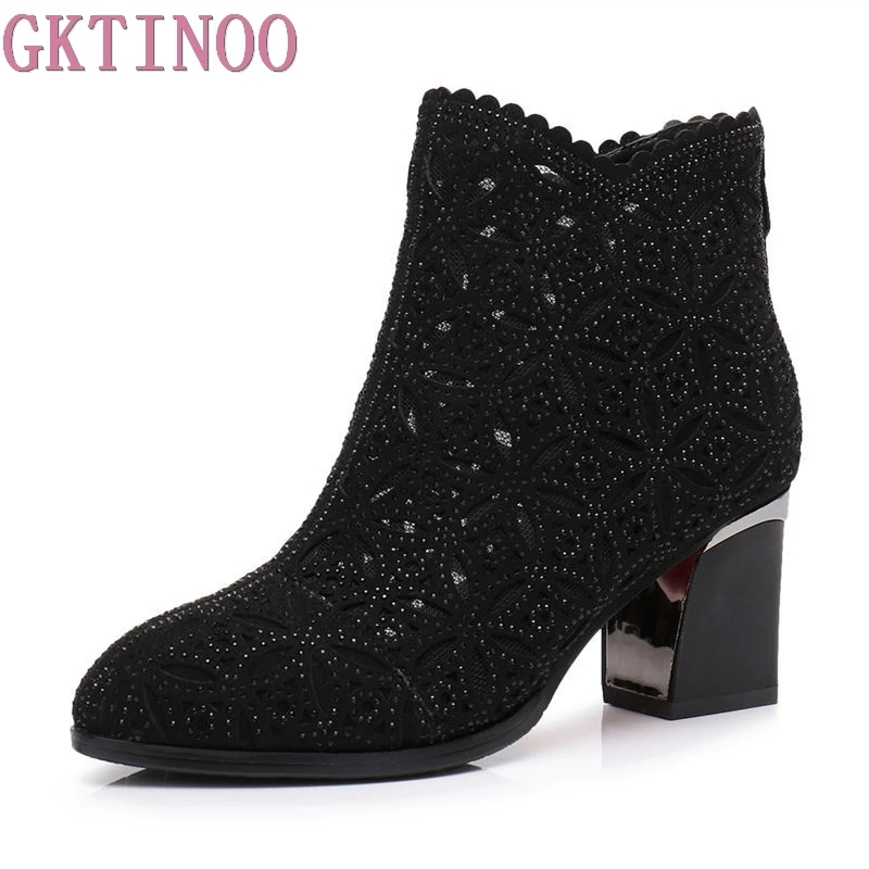 

GKTINOO 2019 Spring Autumn Women Ankle Boots Crystal High Heels Boots Pointed Toe Thick Heel Short Boots Women's Shoes Big Size