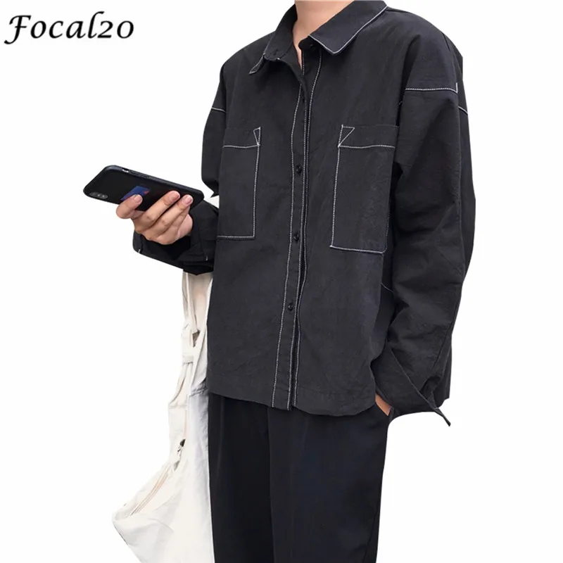 

Focal20 Streetwear Hit Color Split Women Blouse Shirt Pockets Bright Line Short Front Long Back Long Sleeve Female Blouse Top