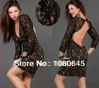 2014 Winter Sexy Beaded Lace Long Sleeves Backless Deep V Neck Short Mini Bodycon Cocktail Party Dresses A69