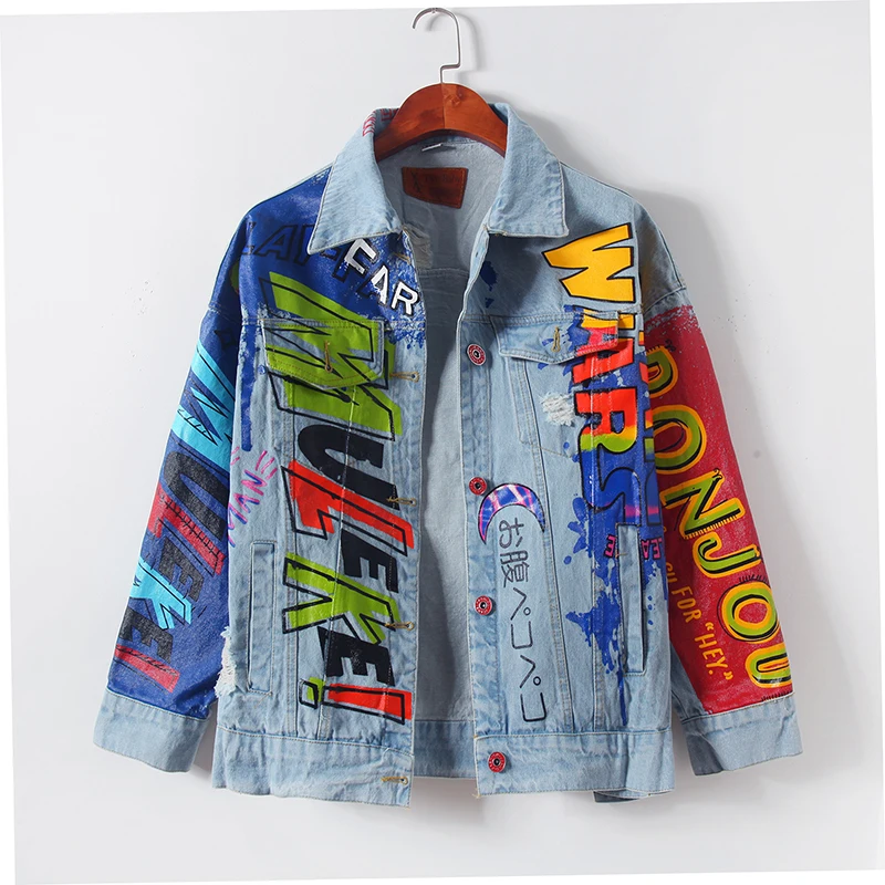

#3207 Hop Hop Jacket Women Graffiti Printed Denim Jacket With Holes Streetwear Harajuku Loose Punk Jeans Jacket Women Plus Size