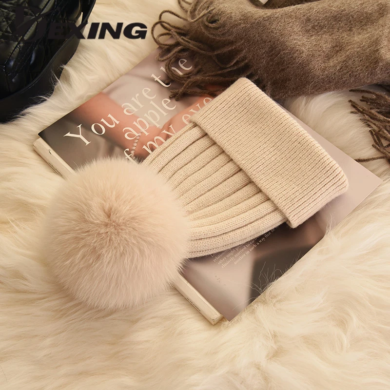 

mink and fox fur pompoms winter hat for women girl 's hat knitted beanies thick female fur pompom beanies for ladies