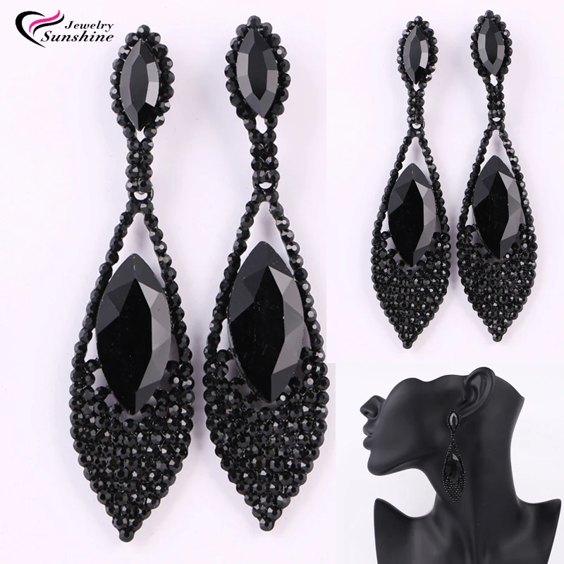 Black Crystal Bridal Long Dangle Earrings To Party Leaf Brincos Black Crystal Bridal Long Dangle Earrings To Party Leaf Brincos Festa New Earings Fashion Jewelry Green In Drop From