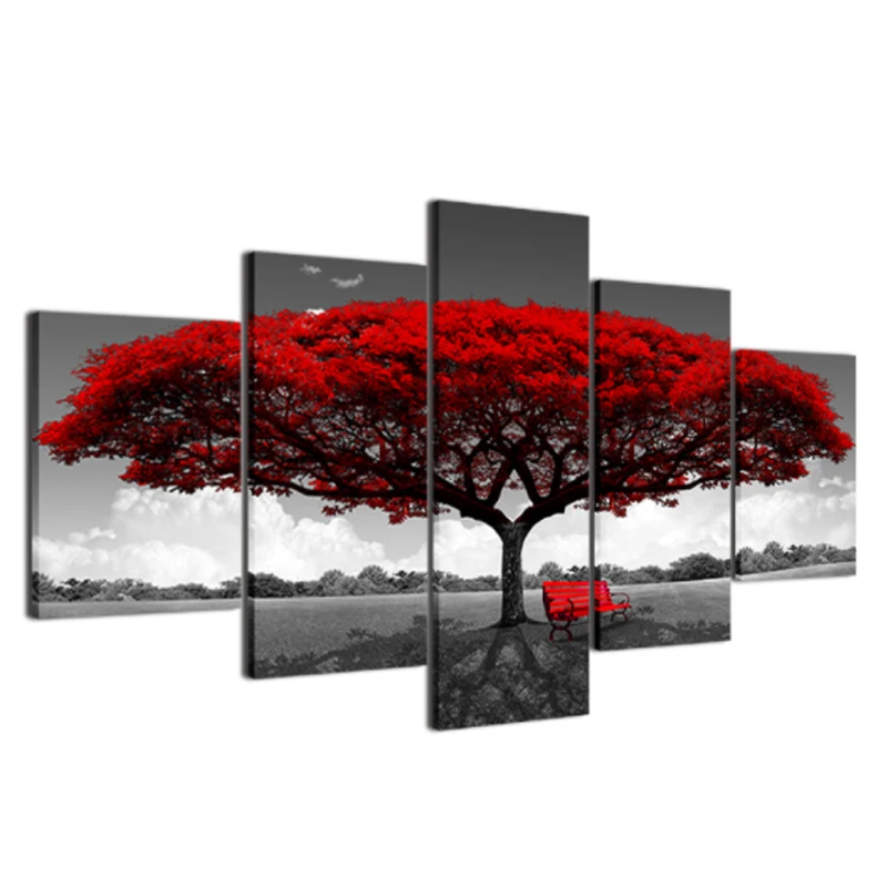 

LZN Landscape Paintings Modular Canvas HD Prints Posters Home Decor Wall Art Pictures 5 Pieces Red Tree Art Scenery