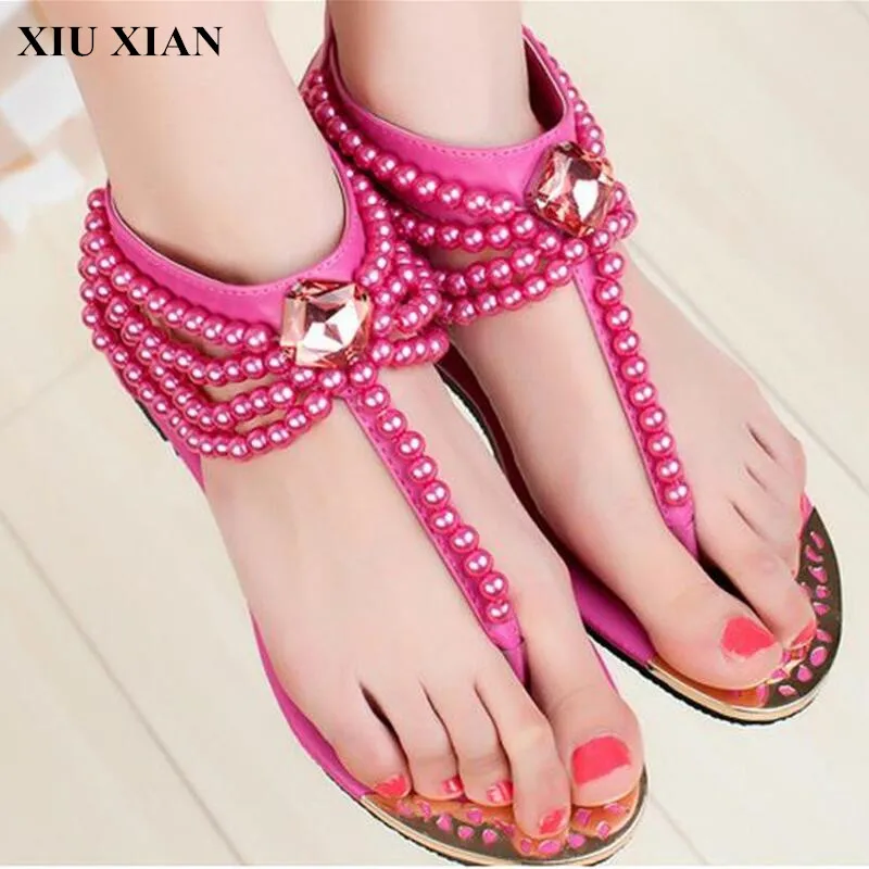 

2017 New Summer Women Sandals Beaded Woman T-strap Flip Flops Sandals Bohemian Female National Rhinestone Flats with Beach Shoes