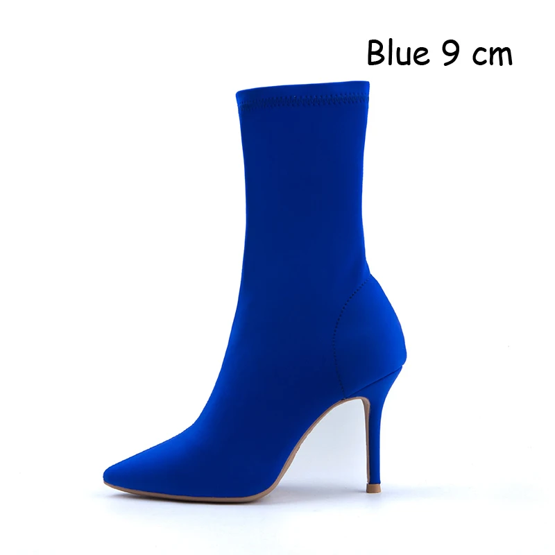Teahoo/синие женские сапоги-носки; ботильоны для женщин с острым носком; эластичные сапоги на высоком каблуке; женские слипоны; женские туфли-лодочки на шпильке; Botas - Цвет: Blue 9 cm Boots