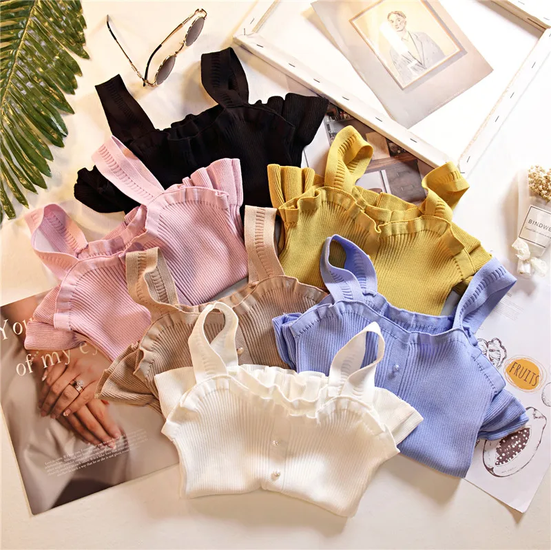 New Autumn Chi Knitted Women's Tank Top Slim Pearl Button Vintage Girls Cropped Female Women Tanktops t shirt Clothing (17)