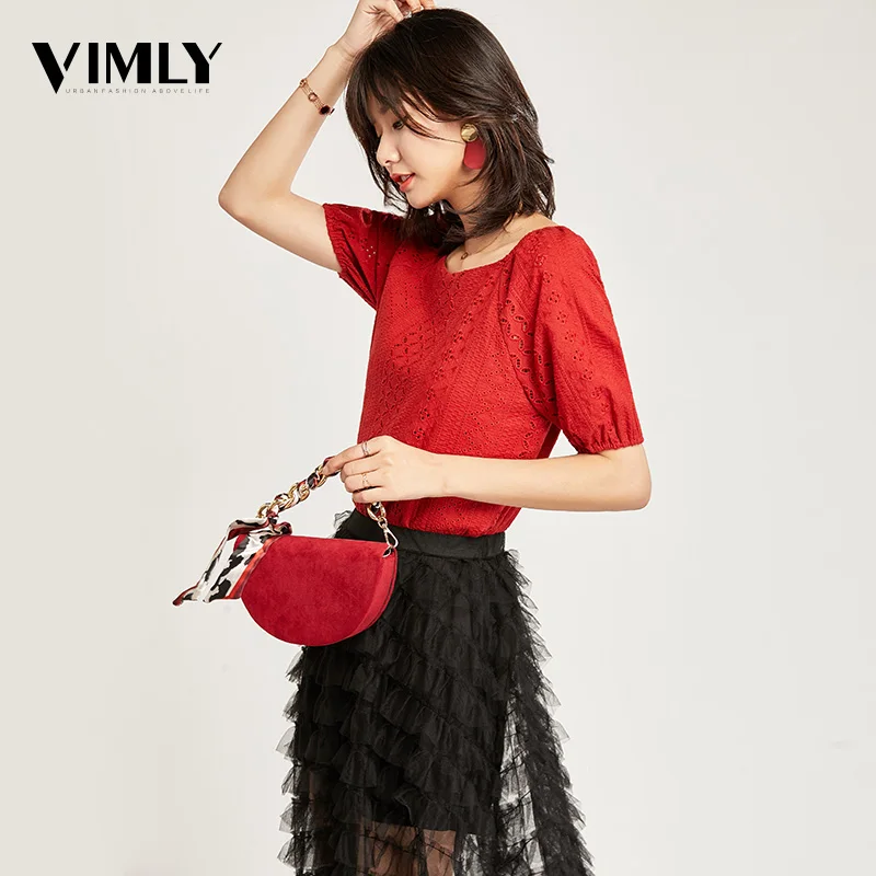 

Vimly Elegant Lace Blouse Shirt Sexy Hollow Out Embroidery Feminine Blouse Women Cotton Puff Sleeve Summer Tops Female