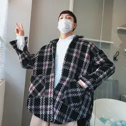 2018 японский стиль Мужская мода ретро решетки Пальто с принтом свободная хлопковая одежда с длинными рукавами плотные шерстяные Футболки