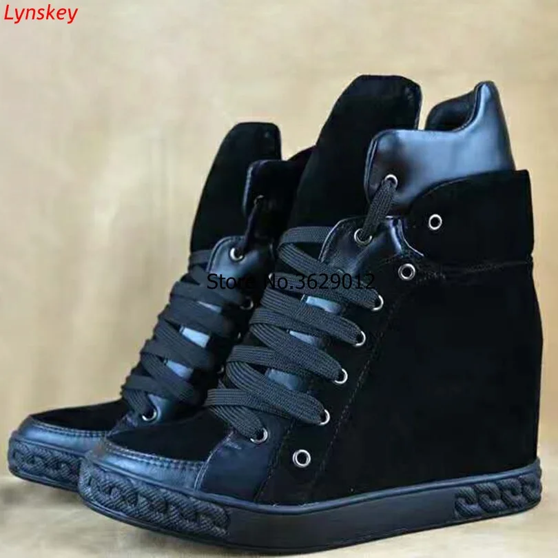 

New Stylish Black Patchwork Booties Shoes 8cm Height Increasing Lady Ankle Boots Lace-up High-top Women Casual Shoes
