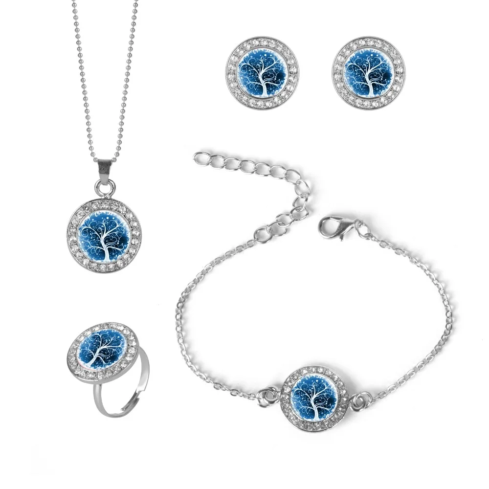 

Tree of Life Rhinestone Jewelry Sets Glass Cabochon Pendant Chain Necklace Bracelet Earrings Ring Set Silver Accessories Gifts
