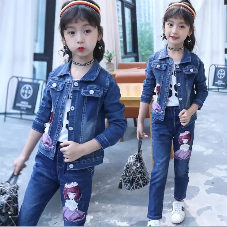 

Cartoon patch children baby girl three-pieces sets girls fashion cowboy jeans kids girls suits Kids Clothing Sets 4-13years